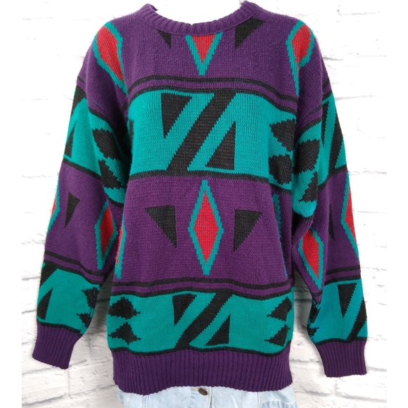 Turnabout Sweaters - Vintage 80's 90's Geometric Shapes Sweater